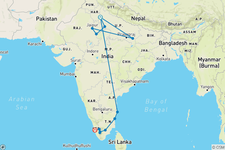 Map of Premium North & South India (from Delhi to Kochi (Cochin))