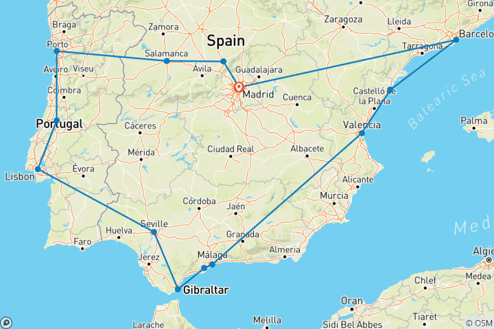 Map of Best of Spain and Portugal (Classic, Summer, End Madrid, 15 Days)