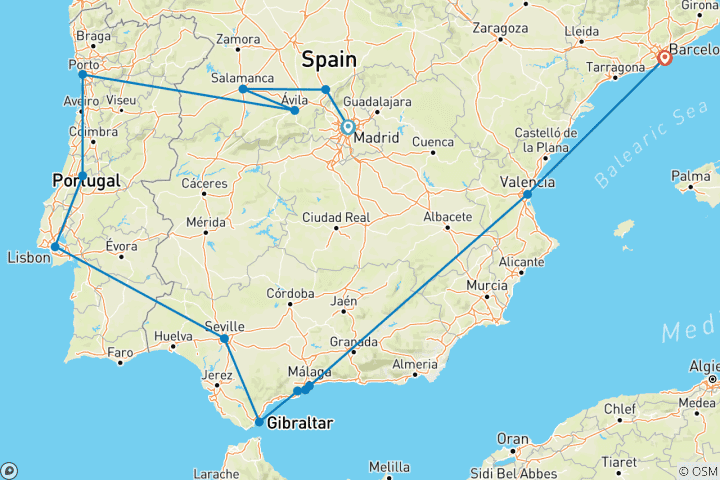 Mapa de Lo mejor de España y Portugal (clásico, invierno, fin en Barcelona, 15 días)