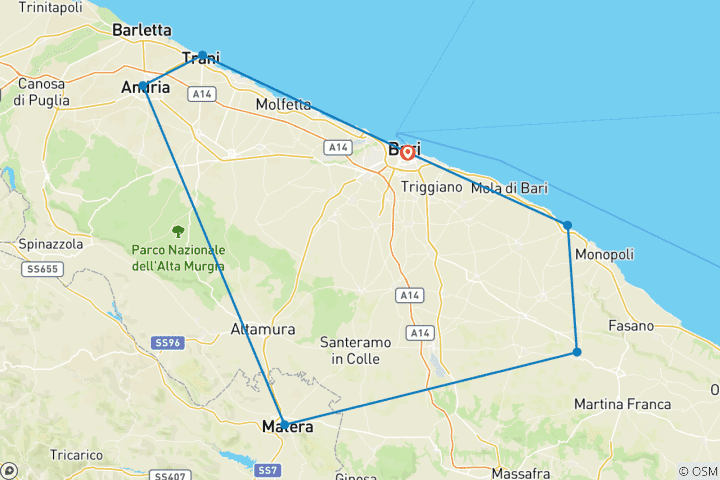 Kaart van Puglia en Matera tour 5 dagen vanuit Bari in kleine groep