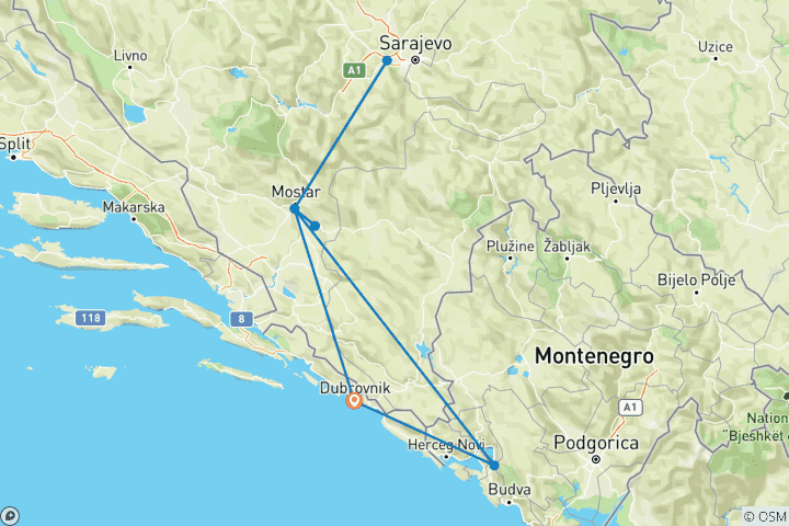 Map of From/to Dubrovnik: Highlights of Bosnia & Hercegovina and Montenegro in 4 Days