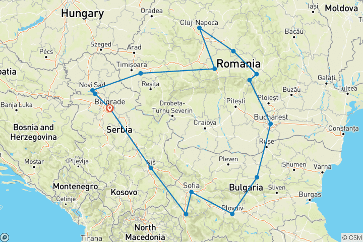 Mapa de Viaje Semiprivado; Serbia, Bulgaria y Rumanía desde / hasta Belgrado