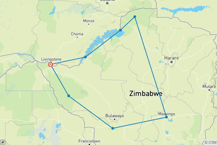 Map of Zimbabwe – 14 Days Highlights Victoria Falls Ruins Safari