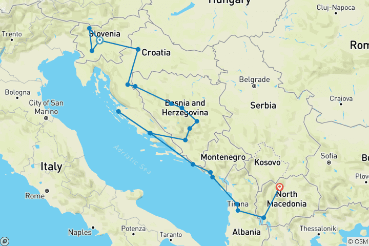 Carte du circuit Circuit privé de 15 jours dans les Balkans - Slovénie Croatie Bosnie Monténégro Albanie Macédoine du Nord