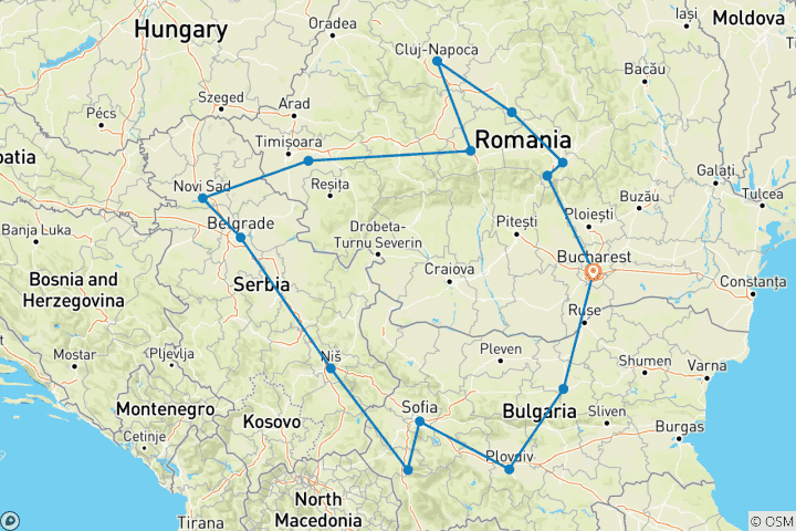 Mapa de Viaje en grupo reducido; Rumanía, Serbia y Bulgaria desde / hasta Bucarest