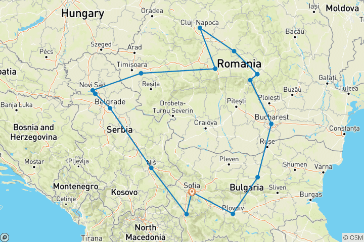 Mapa de Viaje semiprivado; Bulgaria, Rumanía y Serbia desde / hasta Sofía