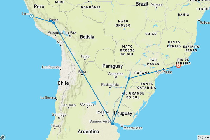 Map of Machu Picchu, Iguazu Falls, and Rio de Janeiro