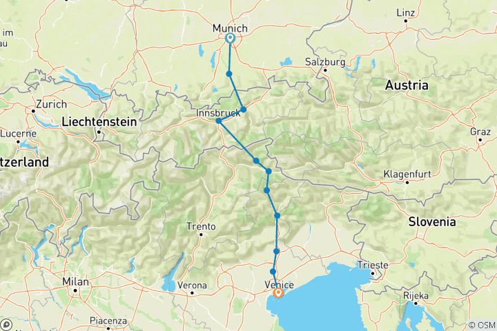 Carte du circuit Munich - Venise Variante 2