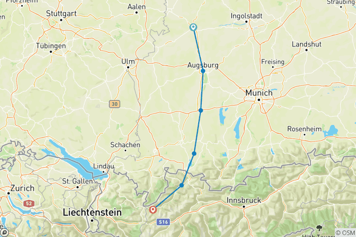 Karte von Lechradweg - Von der Donau zum Lechtal mit Gepäcktransfer