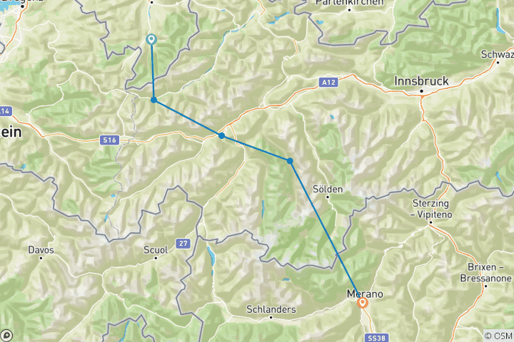 Carte du circuit Traversée des Alpes E5 d'Oberstdorf à Merano avec CHARME