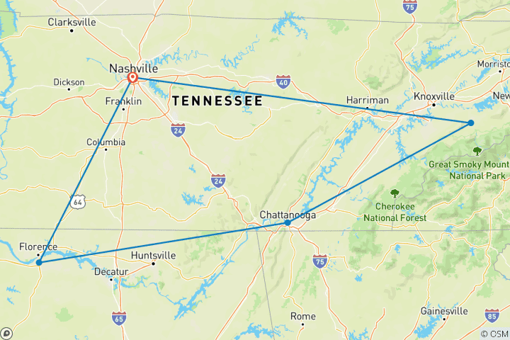 Kaart van Nashville & Dollywood – een vakantie zonder autorijden