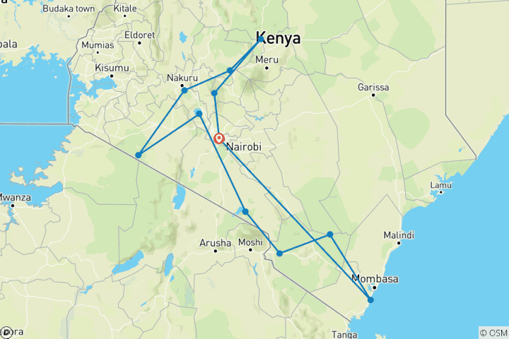 Mapa de 21 días de safari privado por el Monte Kenia, Ol Pejeta, Lago Nakuru, Puerta del Infierno, Maasai Mara, Amboseli, Tsavo y vacaciones en la playa de Diani