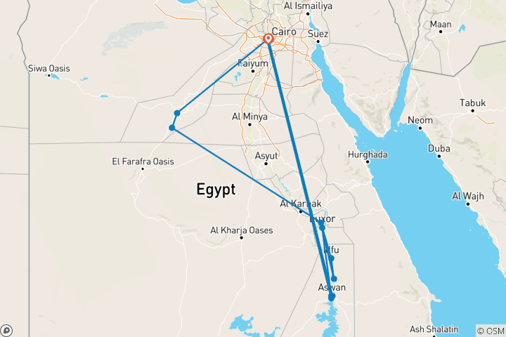 Mapa de Tesoros de Egipto (El Cairo, Asuán, Luxor, navegación en Felucca, safari por el desierto en blanco y negro) con vuelo nacional