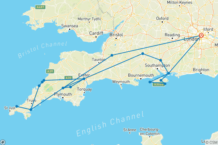 Map of Southern England & Stonehenge (Hotel) - 7 days