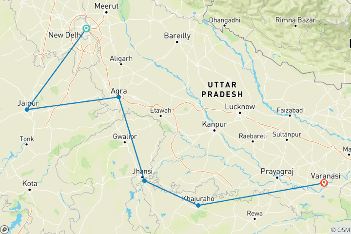 Karte von Nordindien mit Delhi, Jaipur, Agra, Orchha, Khajuraho und Varanasi