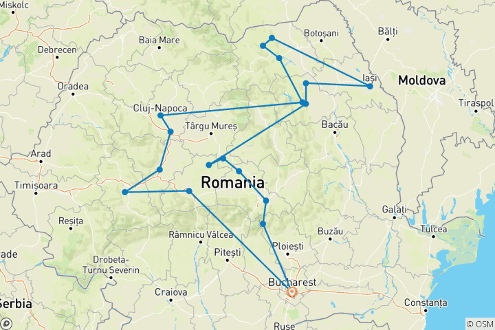 Map of Romanian Jewels in 10 Days; Tour through History, Culture & Nature