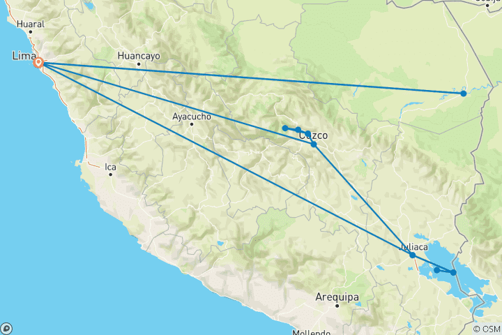 Map of In the Footsteps of Incas (Peruvian Amazon, 15 Days, Intra Tour Air Cusco To Juliaca)