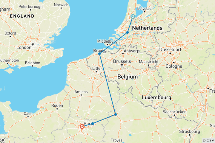 Map of Netherlands, Belgium & France  (Amsterdam to Paris) (2024)