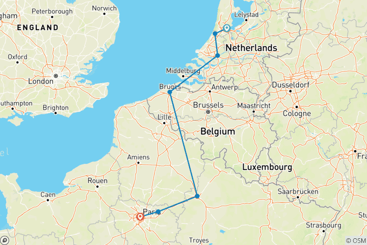 Carte du circuit Pays-Bas, Belgique et France avec les jardins de tulipes de Keukenhof (d'Amsterdam à Paris) (2024)