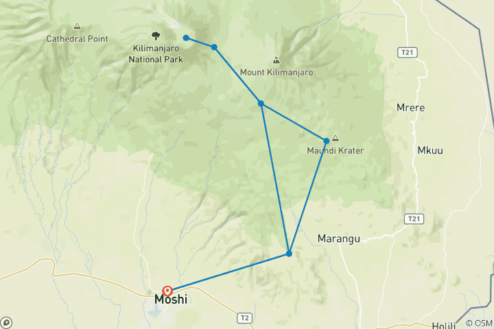 Mapa de Escalada al Kilimanjaro en 5 días por la ruta Marangu.