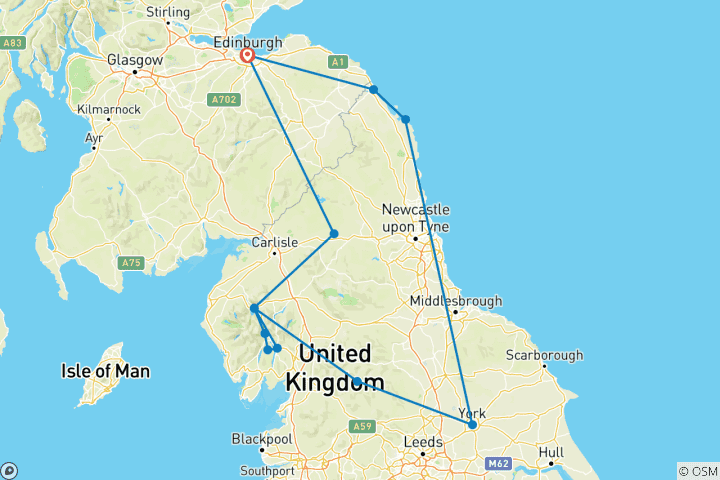 Carte du circuit York, Windermere et le mur d'Hadrien - 5 jours