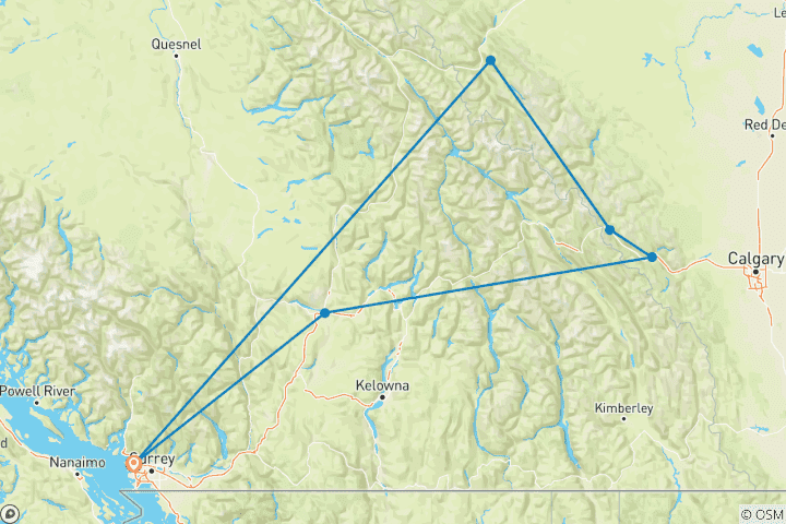 Kaart van Rondreis door de Rockies per trein – VIA & Rocky Mountaineer – First Passage To The West & de unieke Rockies – vanuit Vancouver – 7 dagen