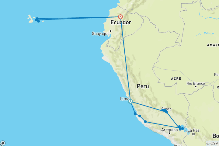 Carte du circuit Terre des Incas (Croisière Galapagos Nord et Centre, 18 jours, Intra Tour Air Cusco To Juliaca)