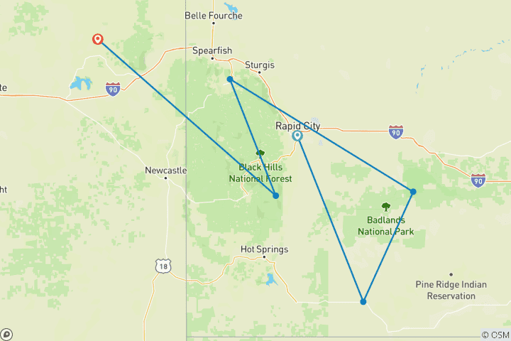Carte du circuit Pleins feux sur le Dakota du Sud avec le Mont Rushmore et les Badlands (2027)