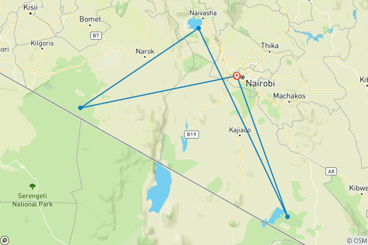 Carte du circuit Safari de 8 jours au Kenya pour la migration des gnous