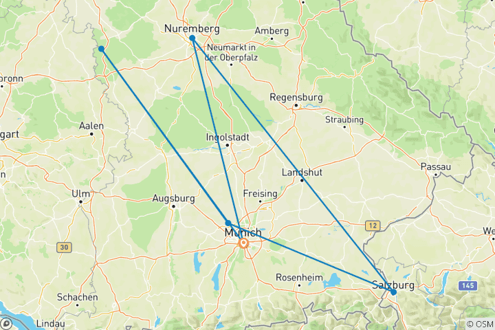 Map of 8 Day Munich including Nuremberg, Salzburg, Rothenburg & Neuschwanstein Linderhof