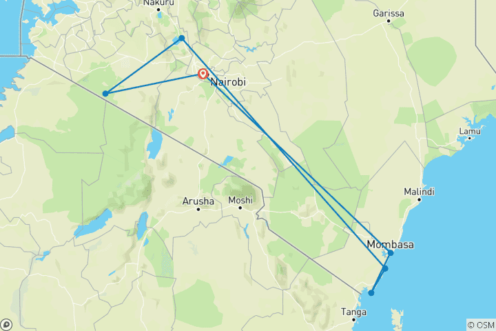 Mapa de Safari de 10 días en Kenia de luna de miel - Sabana y playa