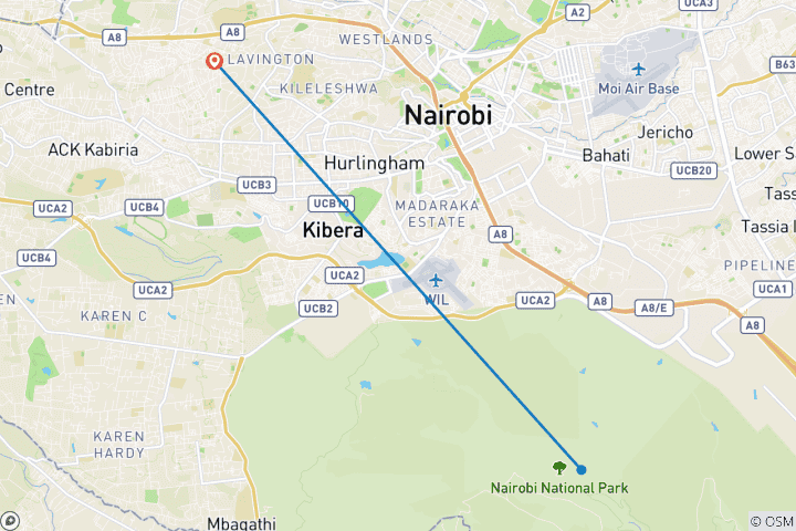 Kaart van 3 dagen safari door het nationale park van Nairobi