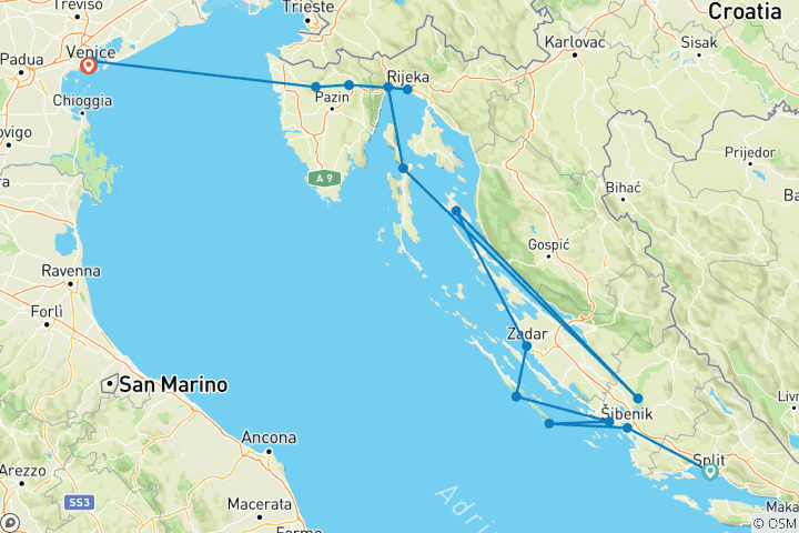 Karte von Venedig & kroatische Inseln Kreuzfahrt von Venedig bis Sibenik