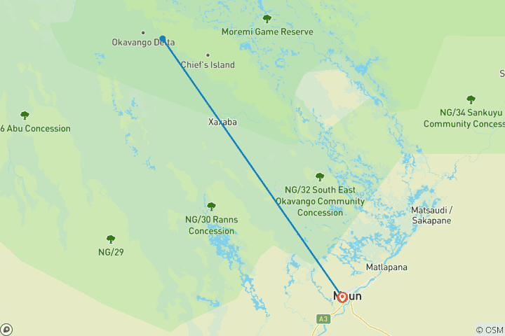 Map of 3 Day Inner Okavango Delta Wildcamping Safari