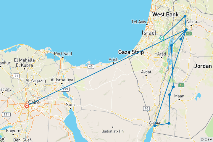 Map of Jerusalem, unforgettable Jordan and Cairo (12 destinations)