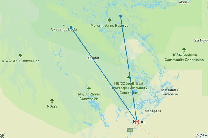 Map of 8 Day Wilderness Trail: Okavango & Moremi . WildCamping Safari , all-inclusive