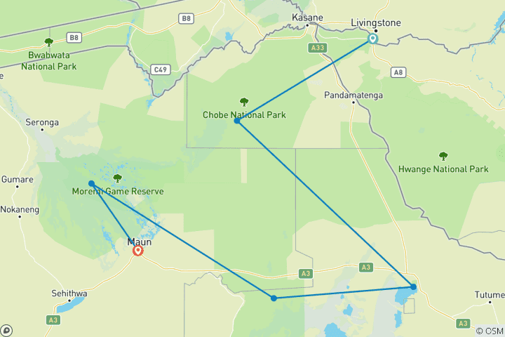 Map of 8 Day Highlights Of Botswana & Victoria Falls