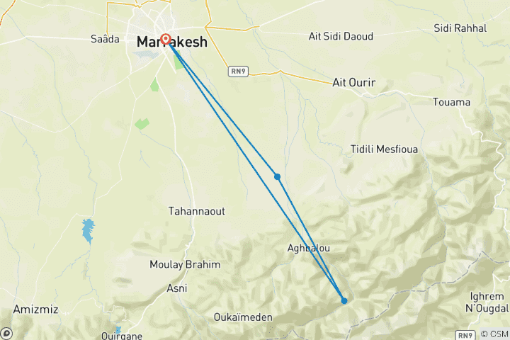 Mapa de Excursión en bicicleta de gravilla por el Atlas - Aventura de 5 días desde Marrakech