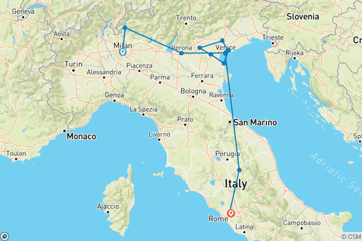 Map of Grande Italia (2025) (Milan to Rome, 2025)