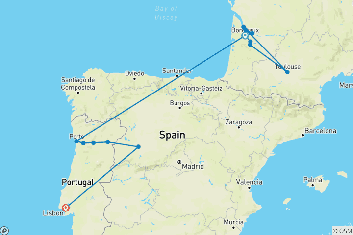 Carte du circuit Routes des vins de France et du Portugal (2025) (de Bordeaux à Lisbonne, 2025)