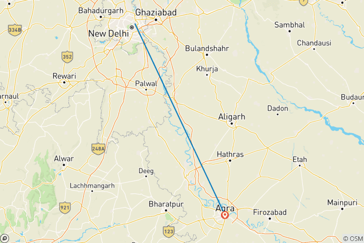 Mapa de Circuito al amanecer del Taj Mahal en el mismo día desde Delhi