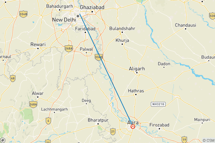 Carte du circuit Visite du Taj Mahal au lever du soleil, le même jour, depuis Delhi