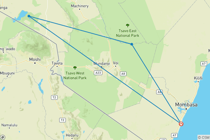 Map of 3 Day Amboseli & Tsavo East Safari From Diani