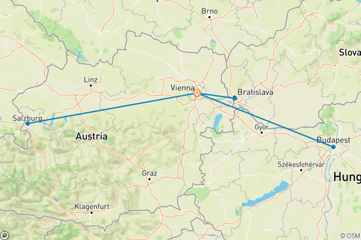 Karte von Wien, Salzburg, Budapest, Bratislava und das Donautal 6 Tage