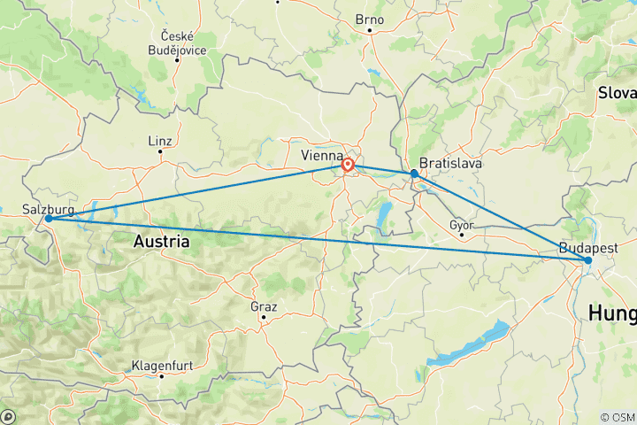 Map of 6 Day Vienna, Salzburg, Budapest, Bratislava, and the Danube Valley