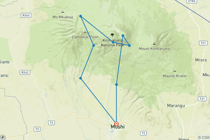 Karte von Entdecken Sie die neuesten Updates für die 6-tägige Kilimanjaro-Besteigung Machame Route