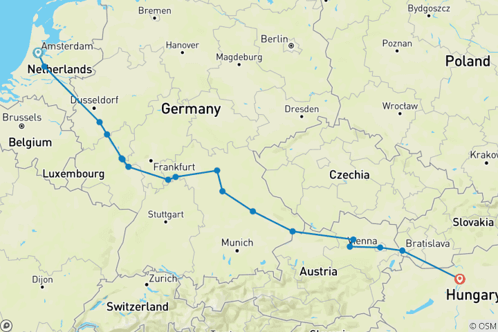 Map of Across Europe - Amsterdam to Budapest (Amsterdam - Budapest) (18 destinations)