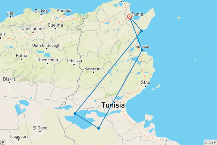 Map of Tunisia in 6 Days – Tunis Hammamet Kairouan and more