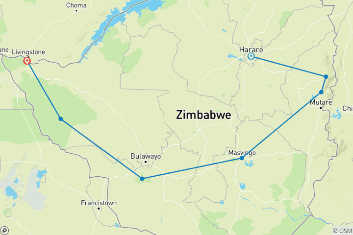 Map of Zimbabwe Explorer – 12 Days Victoria Falls Ruins Parks and Cities