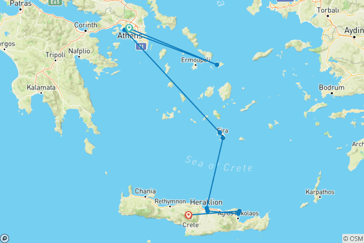 Mapa de De Atenas a Mykonos, Santorini y Creta - 9 días